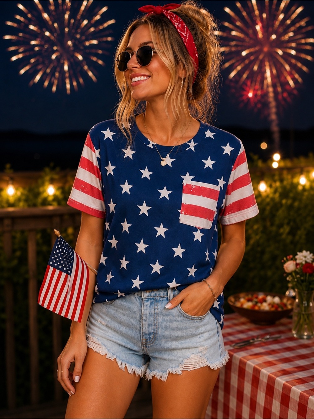 Patriotic Stars & Stripes Pocket Tee 🇺🇸 Navy Blue Fourth of July Graphic Shirt